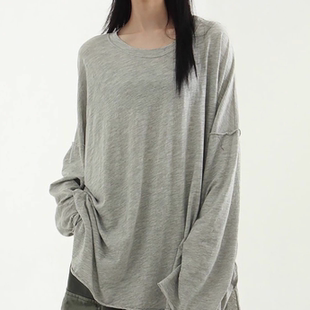 oversize silket long 韩国代购 宽松卷边开叉长袖 tee T恤 25F