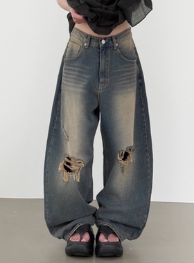 韩国代购25F/W damage sandy blue wide jean破洞深蓝色牛仔裤
