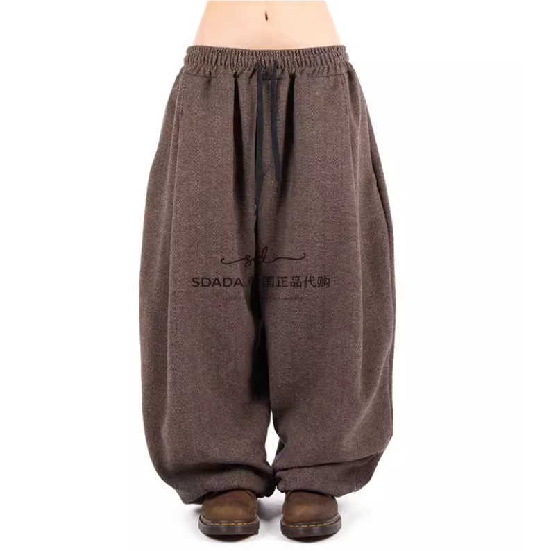 韩国代购25F/W HERRINGBONE WOOL BANDING PANTS 宽松毛呢长裤