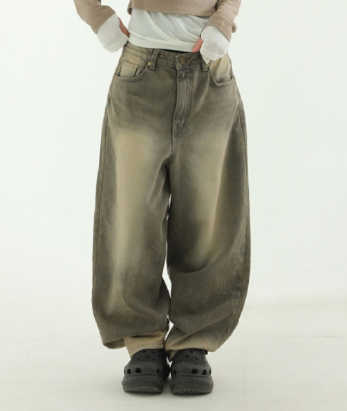 韩国代购23 oversize khaki beige boy jean 做旧染色宽松牛仔裤
