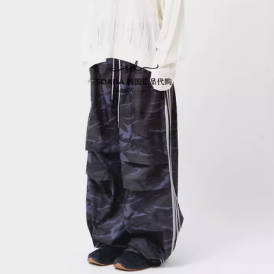 韩国代购迷彩抽绳侧边线条长裤