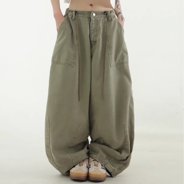 韩国代购24 washed cotton fatigue balloon pants 水洗系带长裤