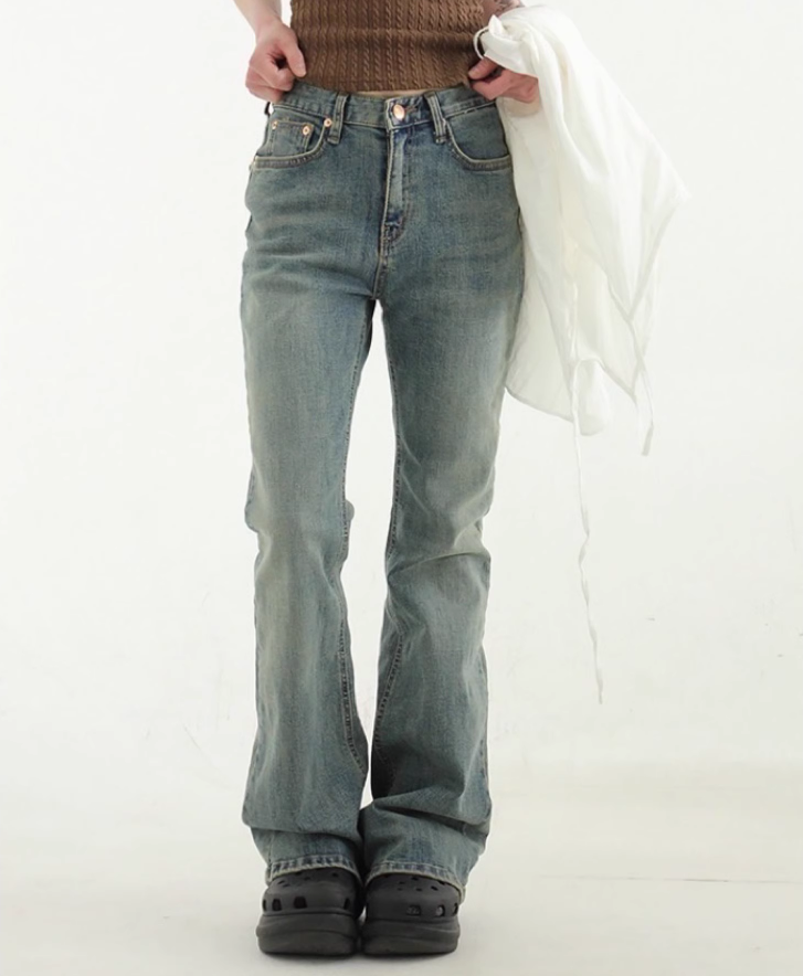 韩国代购24A/W middle waist washed boot-cut 水洗做旧喇叭裤
