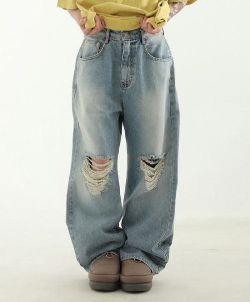韩国代购23A/W light blue wide cutting jean浅蓝破洞拉丝牛仔裤