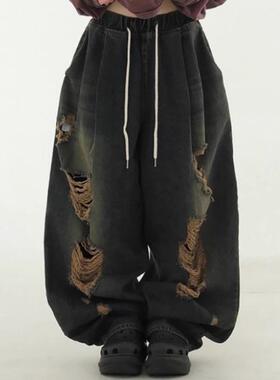 韩国代购24F/W dark blue grunge denim balloon banding pants