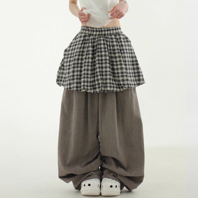 韩国代购25S/S natural check pumpkin banding mini skirt 裙子