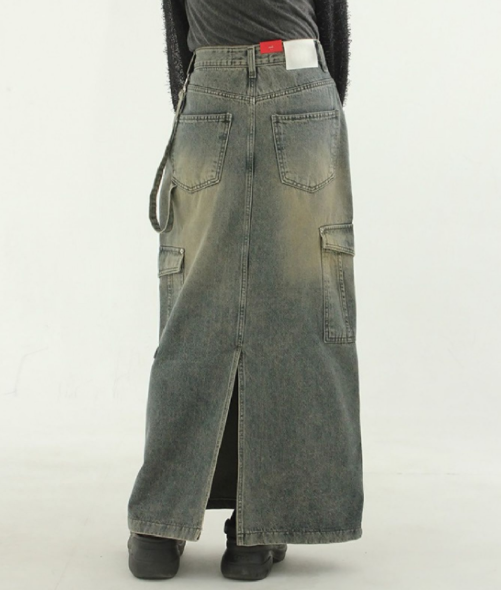 韩国代购23A/W khaki grey denim cargo maxi skirt 做旧工装裙