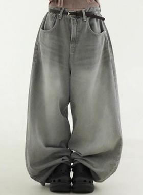 韩国代购24F/W greyish balloon wide jean 灰色水洗磨白牛仔裤