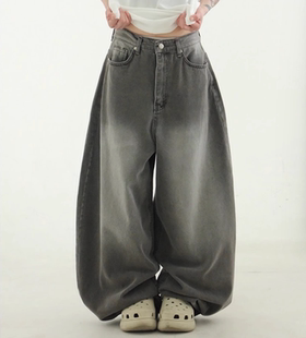 韩国代购24S/S balloon wide washed jean 水洗磨白宽松风牛仔裤