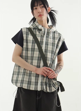 韩国代购24S/S check string zip-up vest 格子连帽马甲