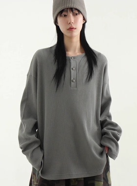 韩国代购 hand warmer button neck waffle tee 半开华夫格长袖