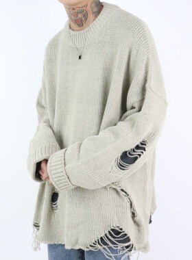 韩国代购19 under destroyed loose sweater 小众宽松破洞毛衣