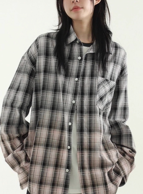 韩国代购25S/S cut off gradation check shirt (unisex)格子衬衫
