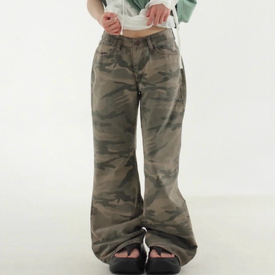 韩国代购设计师迷彩喇叭裤