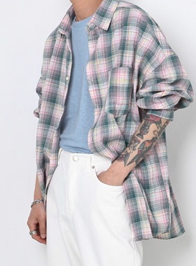 韩国代购21S/S seersucker mixed check shirt泡泡纱混色格子衬衫
