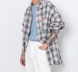韩国代购21S/S seersucker mixed check shirt泡泡纱混色格子衬衫