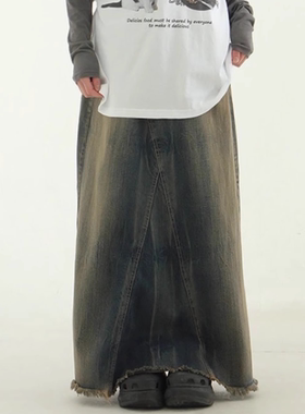 韩国代购24S/S dark blue brushed denim maxi skirt 做旧牛仔裙
