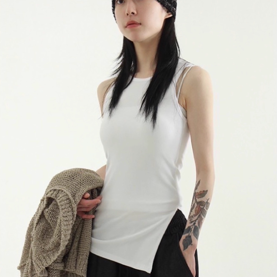 韩国代购设计师开叉纯色背心上衣