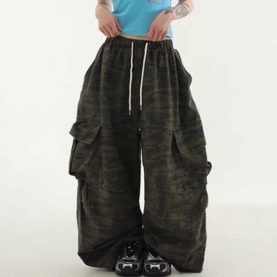 韩国代购设计师迷彩工装裤宽松风