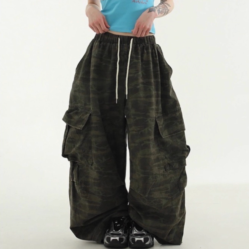 韩国代购设计师迷彩工装裤宽松风