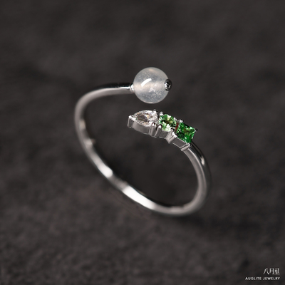 天然翡翠圆珠戒指合集开口18K金