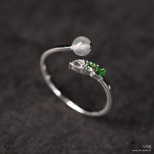 天然翡翠圆珠戒指合集开口18K金