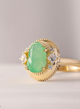 貔貅聚宝盒戒指 天然缅甸A货冰种清甜绿翡翠钻石18K金紫翡女彩宝