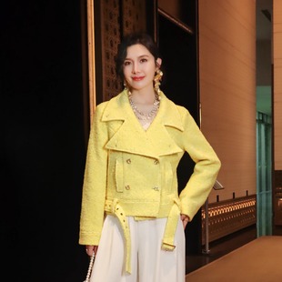 亮片羊毛混纺高级感名媛黄色双排扣翻领法式轻奢短款工装毛呢外套