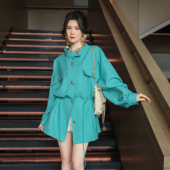 慵懒风显白孔雀绿宽松显瘦抽绳收腰风衣时髦工装 休闲外套 夹克薄款