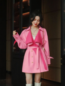 甜美双拼洋气撞色风衣外套粉色中长款 宽松系带不规则大翻领风衣女