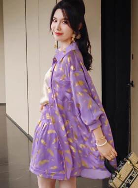 金箔印花松弛慵懒高级感减龄紫色休闲宽松两件套衬衫短裤套装女夏
