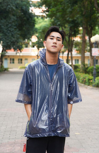 骑车运动防水大暴雨男士短袖防水拉链款透明4丝TPU膜雨衣上衣一件