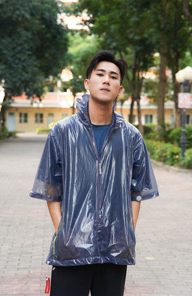 骑车运动防水大暴雨男士短袖防水拉链款透明4丝TPU膜雨衣上衣一件