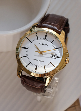 卡西欧手表简约男士皮带日历防水石英表时尚休闲MTP-V004GL-7A