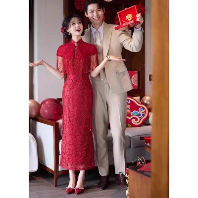 酒红色高端订婚旗袍礼服裙新中式国风敬酒服新娘回门答谢宴会便装