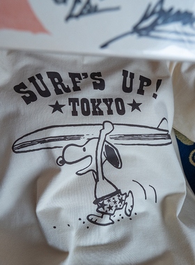 史努比冲浪东京Surfs Up Tokyo日系复古卡通宽松阿美咔叽短袖T恤