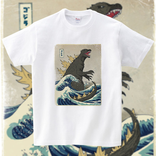 浮世绘哥斯拉葛饰北斋神奈川冲浪里恶搞日系复古短袖夏季和风T恤