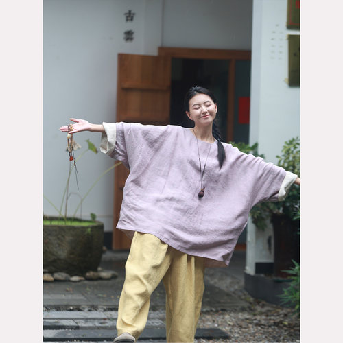 生态麻双面穿宽松文艺上衣
