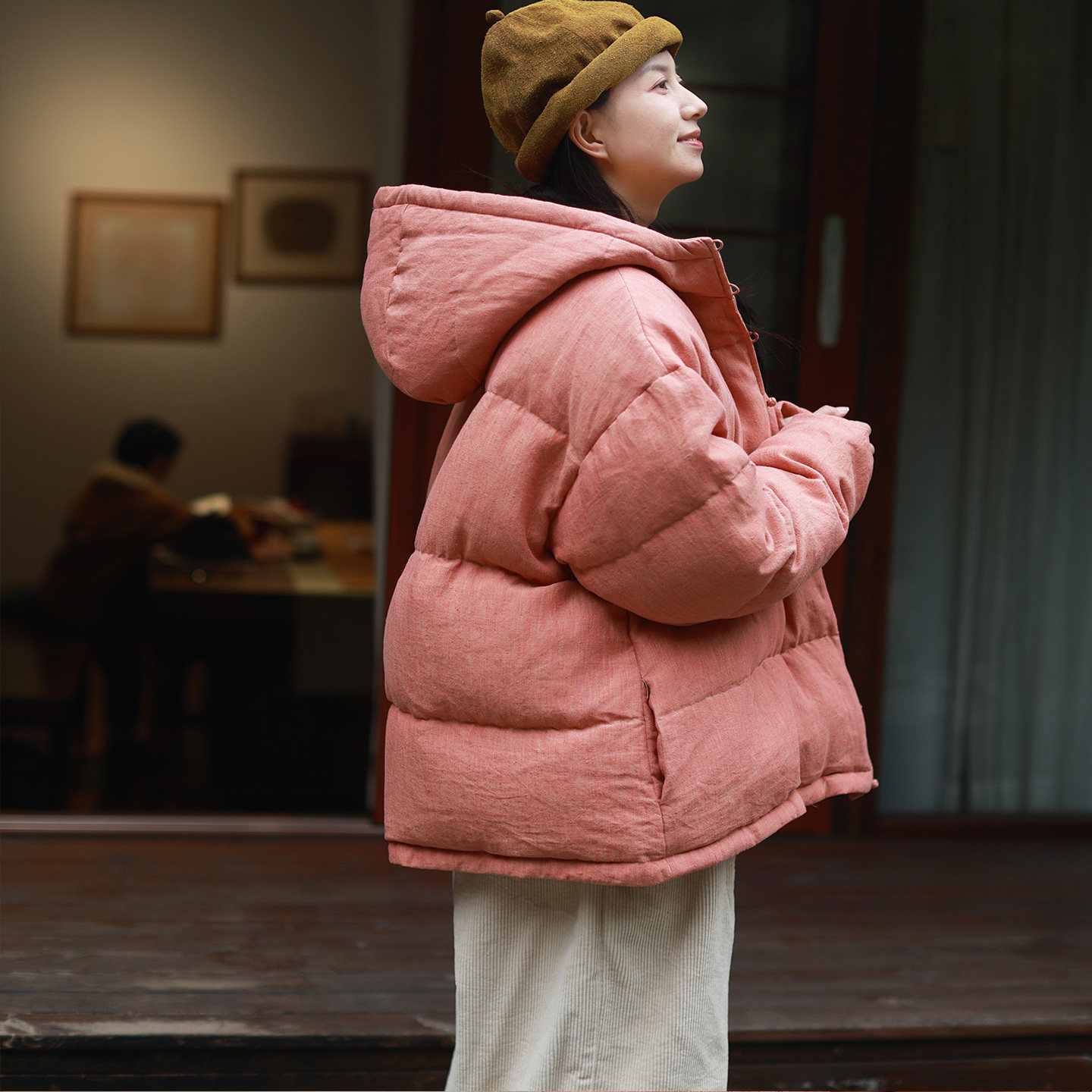 橘饼/听花香 95白鹅绒生态色织亚麻连帽羽绒服 清新文艺加厚外套,女装/女士精品,羽绒服,淘宝优惠券,粉丝福利购,淘宝优惠卷