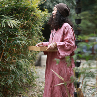 脏染亚麻双层袍子 春 休闲复古清冷感 听花香 桃红