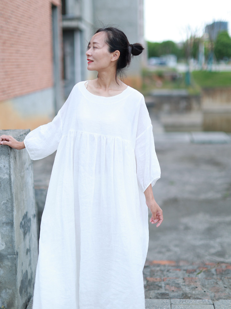 几分醉-白/小素原创 夏 纯苎麻宽松袍子 小众仙女白色长连衣裙jj