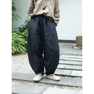 小众复古禅意保暖棉裤 自在 色织亚麻夹棉宽松休闲长款 听花香 黑