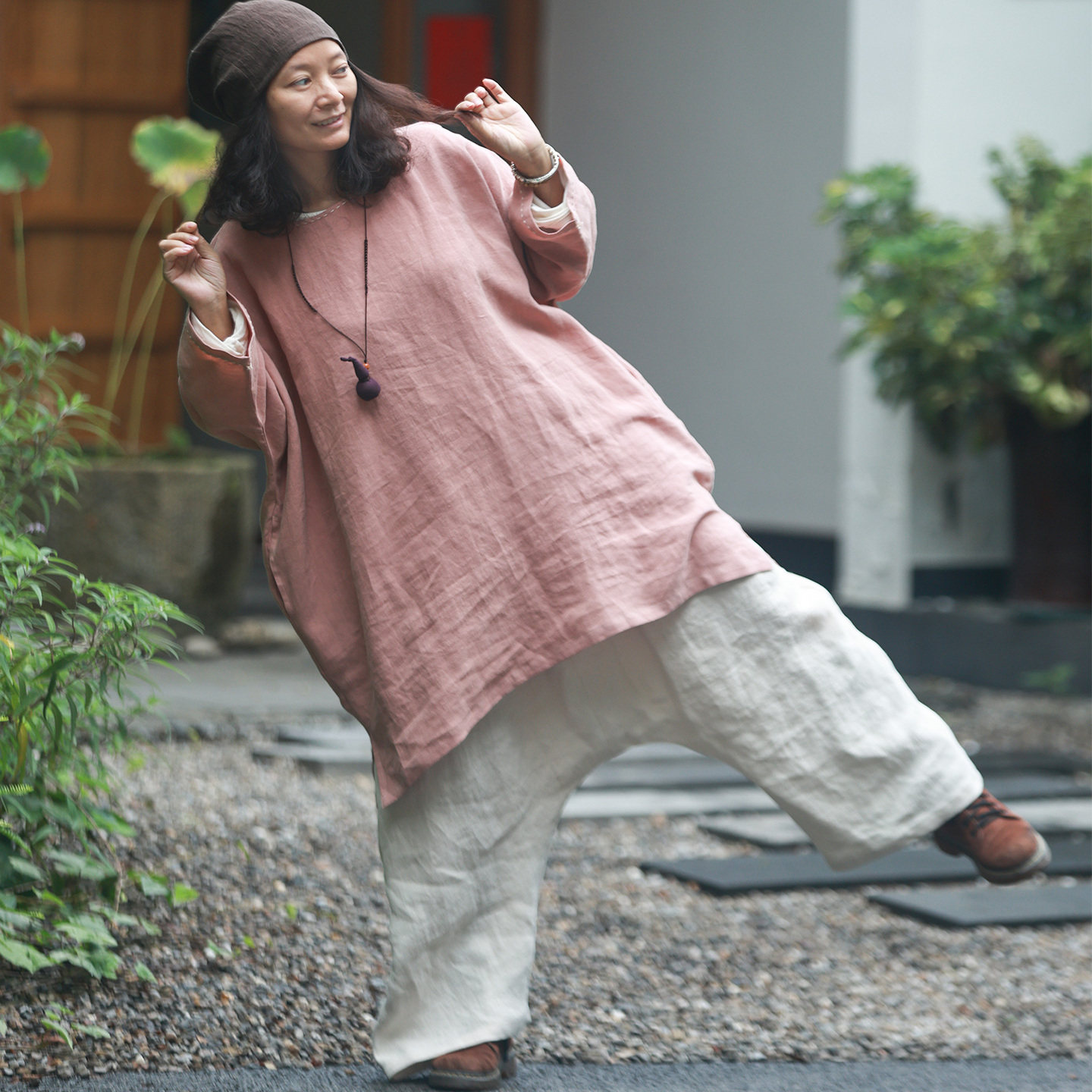 初秋 旧粉/听花香 生态亚麻连衣裙中长宽松袍子 禅意手缝线茶服