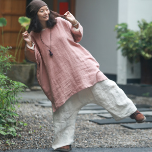 生态亚麻连衣裙中长宽松大袍子 听花香 禅意手缝线茶服 旧粉 初秋