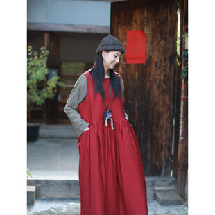 红豆/听花香 色织匹马棉夹棉加厚保暖马甲裙气质中国红百搭连衣裙