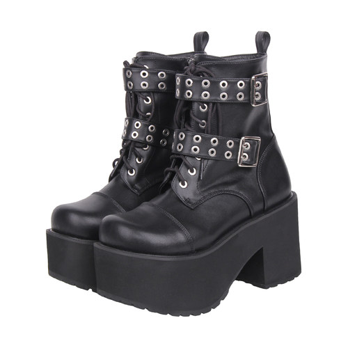 普普家 2025新品 朋克PUNK皮带气眼松糕厚底系带马丁靴Q488