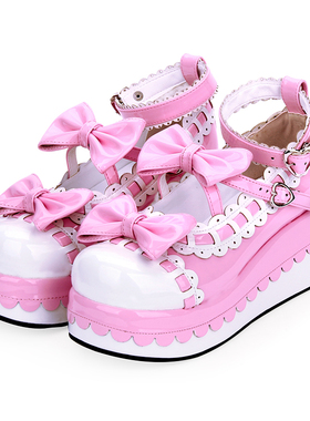 普普家公主鞋LOLITA女鞋花边蝴蝶结洋装鞋厚底松糕鞋9896粉白