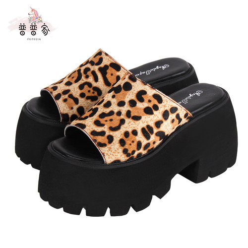 普普家 真皮版2023新品夏季豹纹Lolita凉鞋梅花底露趾凉拖2325