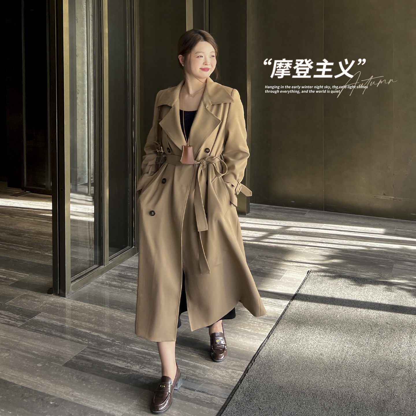 大码百分百女装秋微胖mm时尚通勤百搭正肩翻领显瘦长款风衣外套女