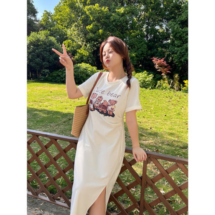 【福利款】大码百分百女装胖mm【T恤连衣裙】美式修身显瘦开叉裙